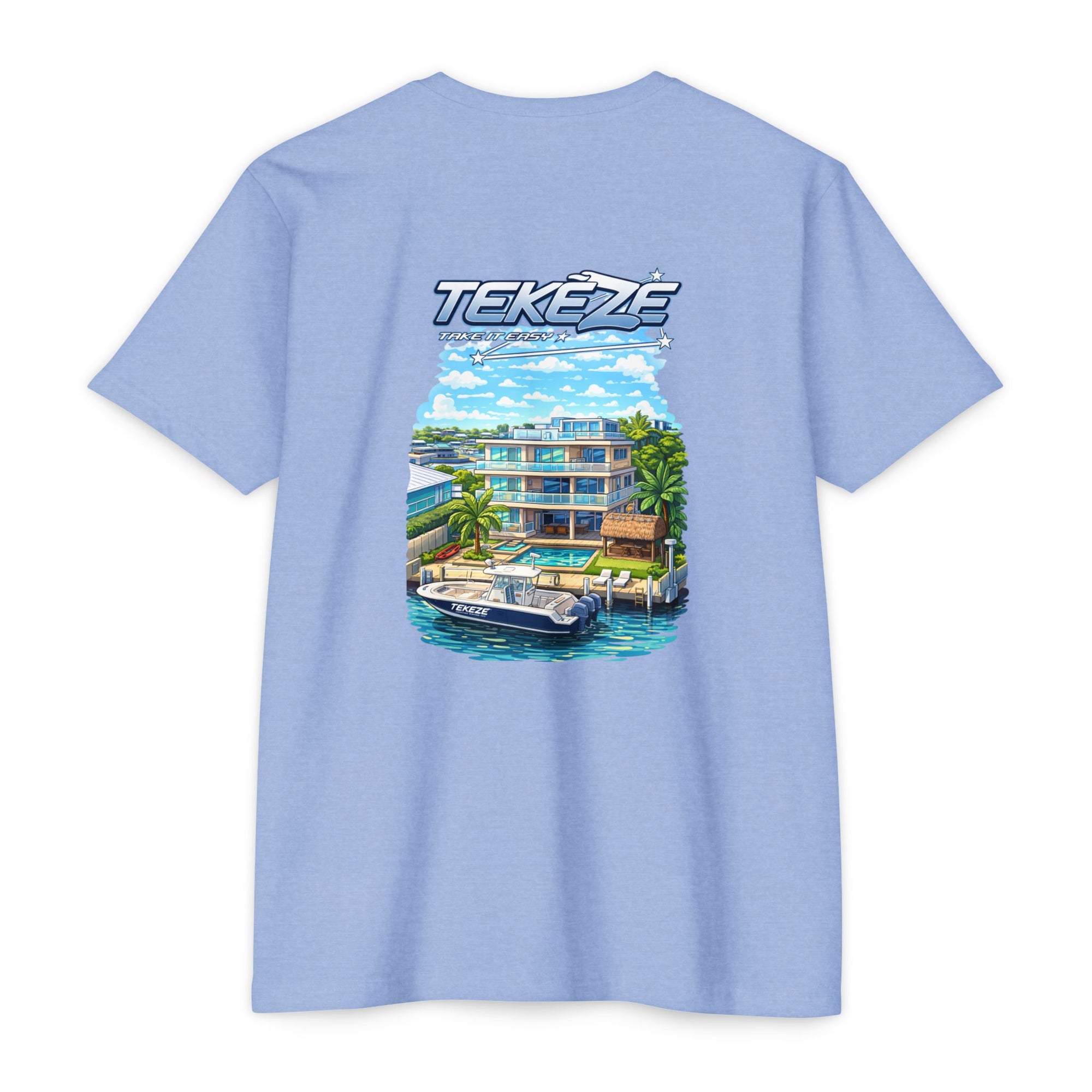 T-shirt — "TEKEZE" Coastal Resort Graphic Tee (Front Logo & Back Beach House Scene)