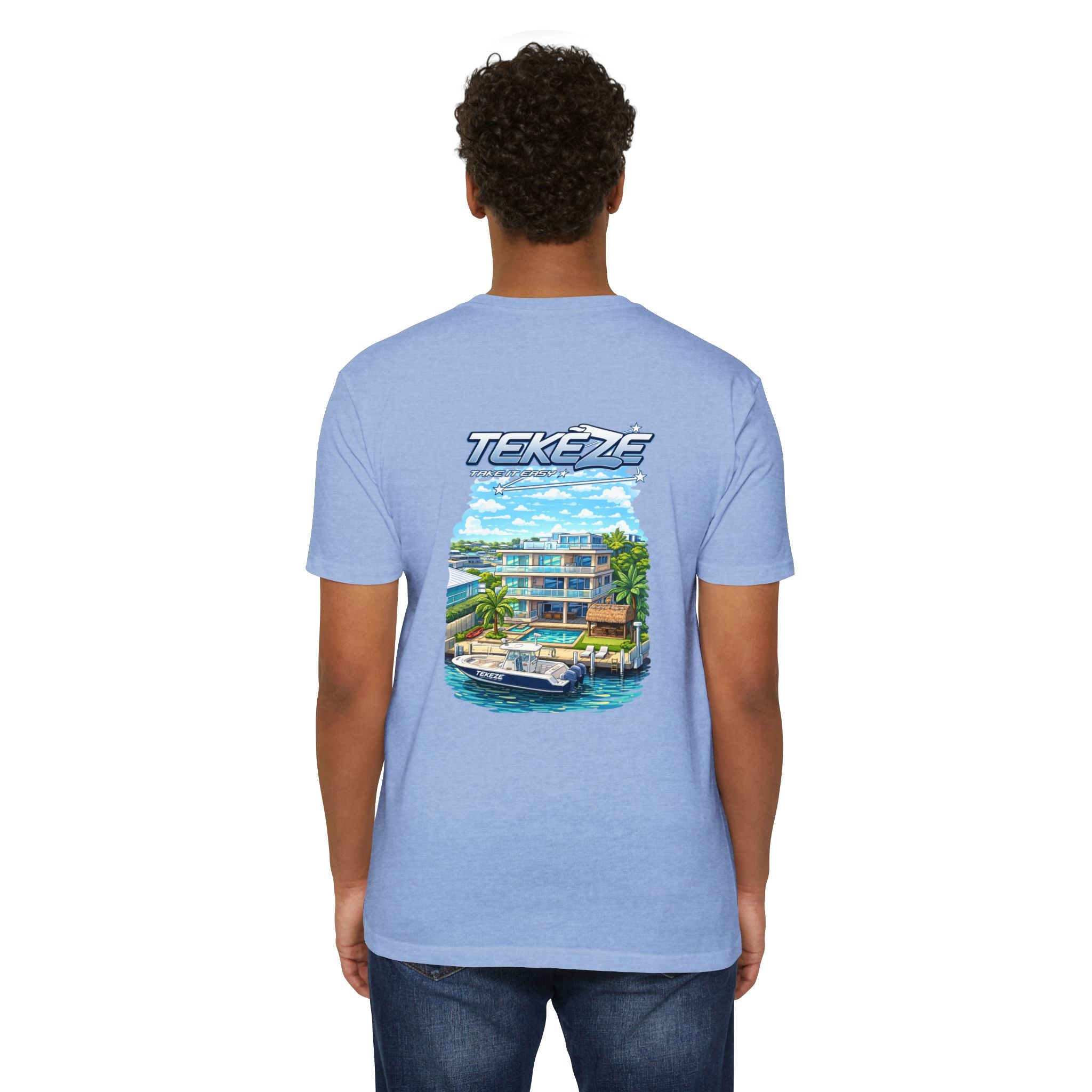 T-shirt — "TEKEZE" Coastal Resort Graphic Tee (Front Logo & Back Beach House Scene)