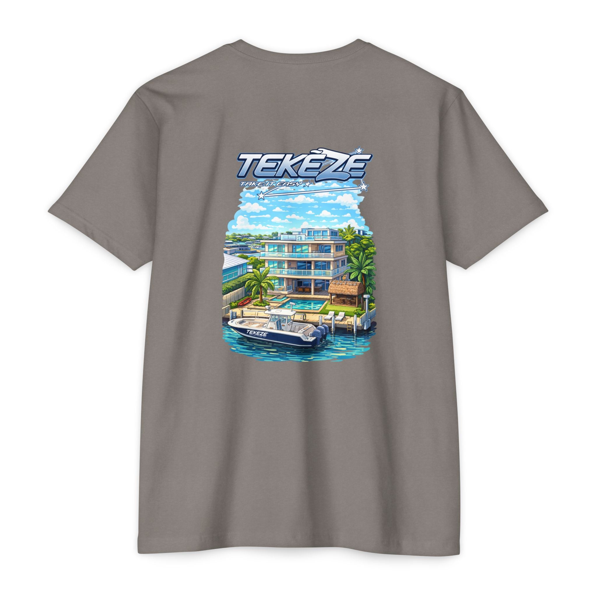 T-shirt — "TEKEZE" Coastal Resort Graphic Tee (Front Logo & Back Beach House Scene)