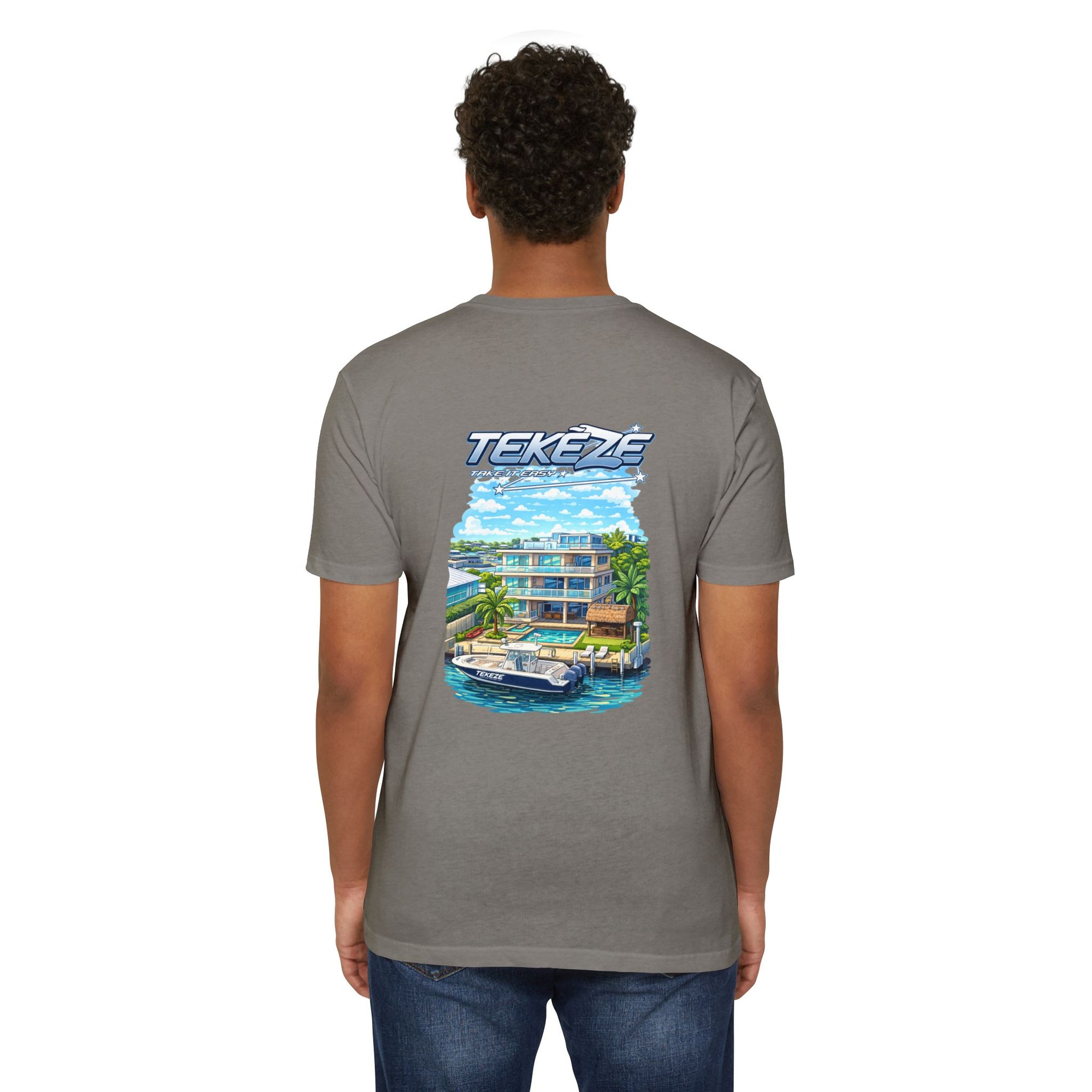 T-shirt — "TEKEZE" Coastal Resort Graphic Tee (Front Logo & Back Beach House Scene)