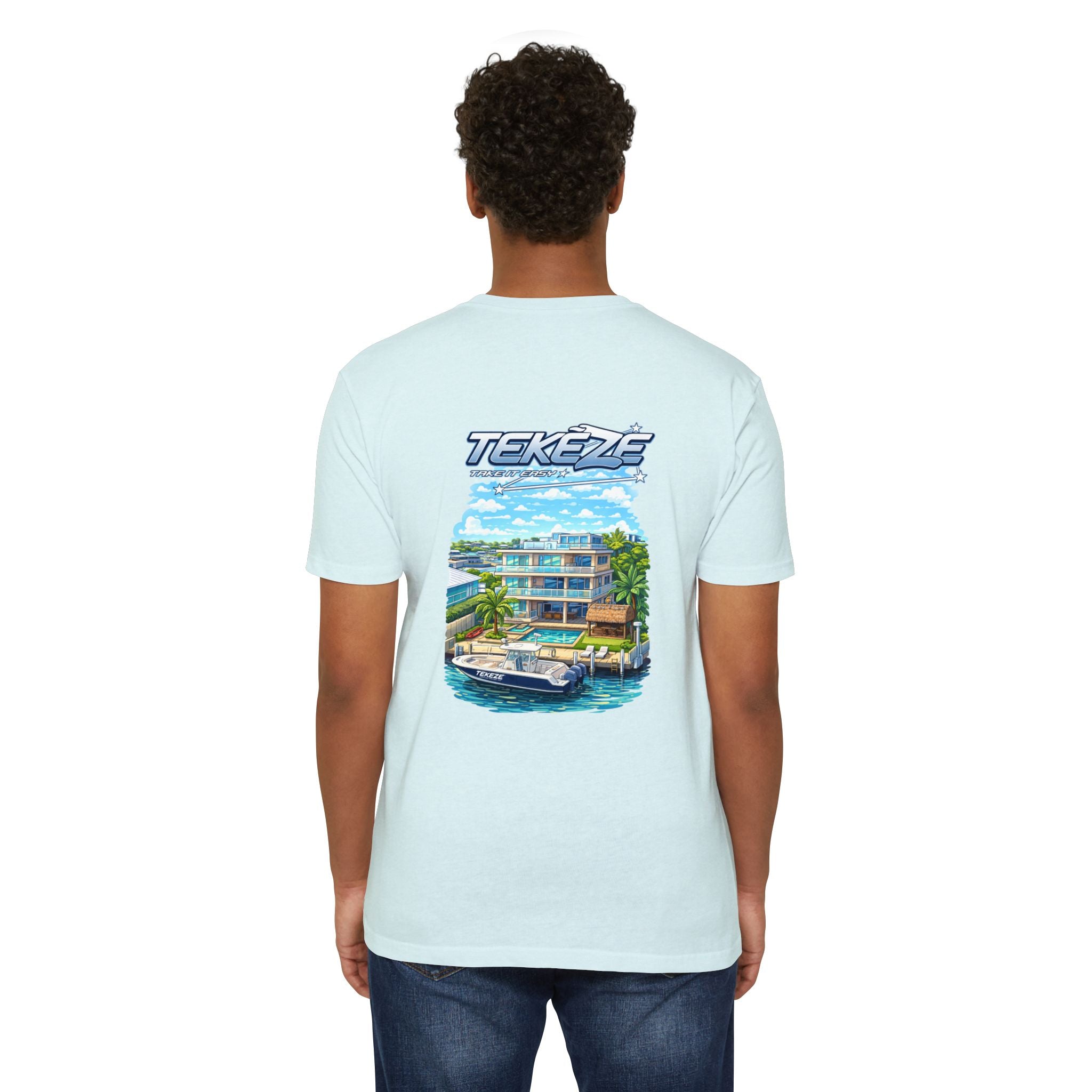 T-shirt — "TEKEZE" Coastal Resort Graphic Tee (Front Logo & Back Beach House Scene)