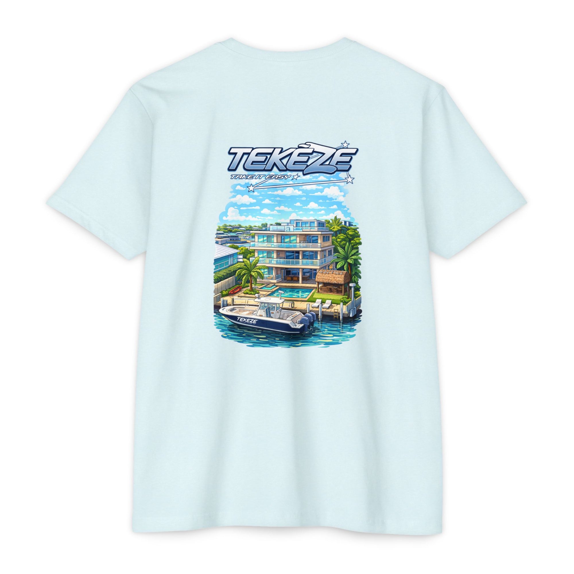 T-shirt — "TEKEZE" Coastal Resort Graphic Tee (Front Logo & Back Beach House Scene)