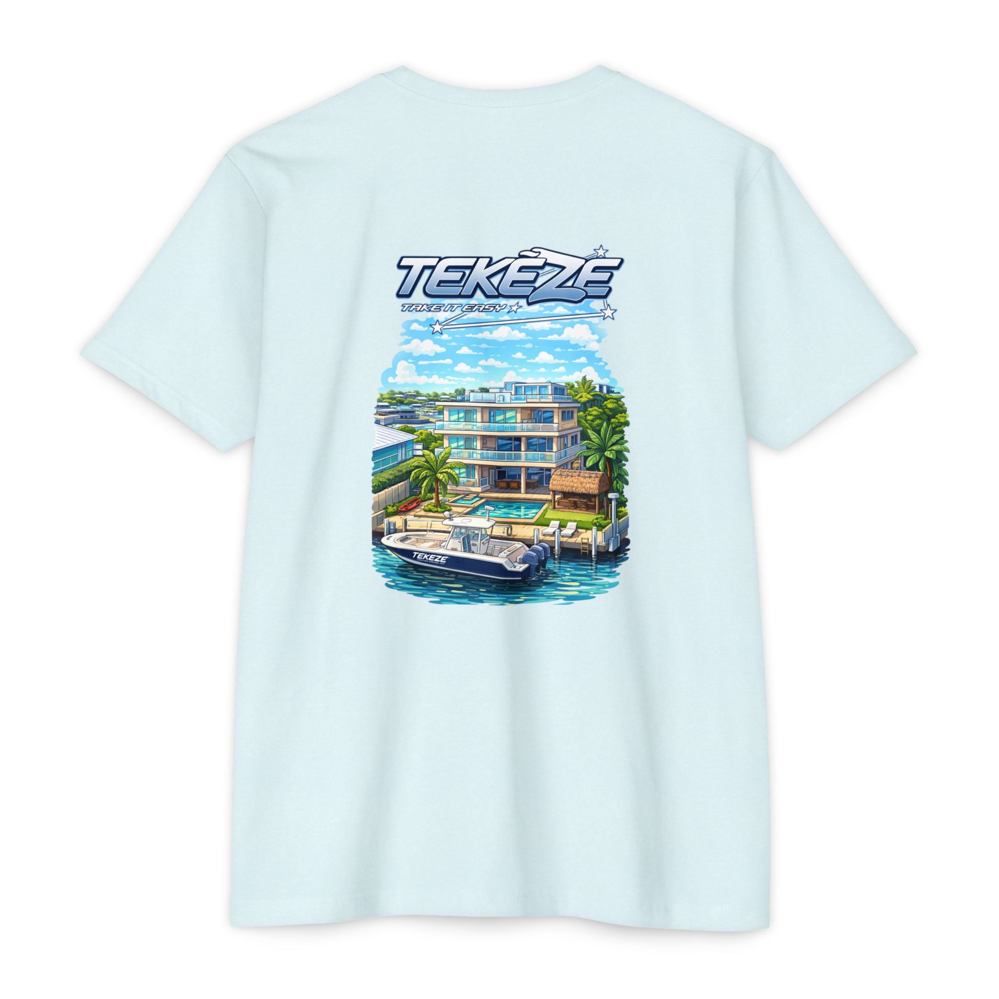 T-shirt — "TEKEZE" Coastal Resort Graphic Tee (Front Logo & Back Beach House Scene)