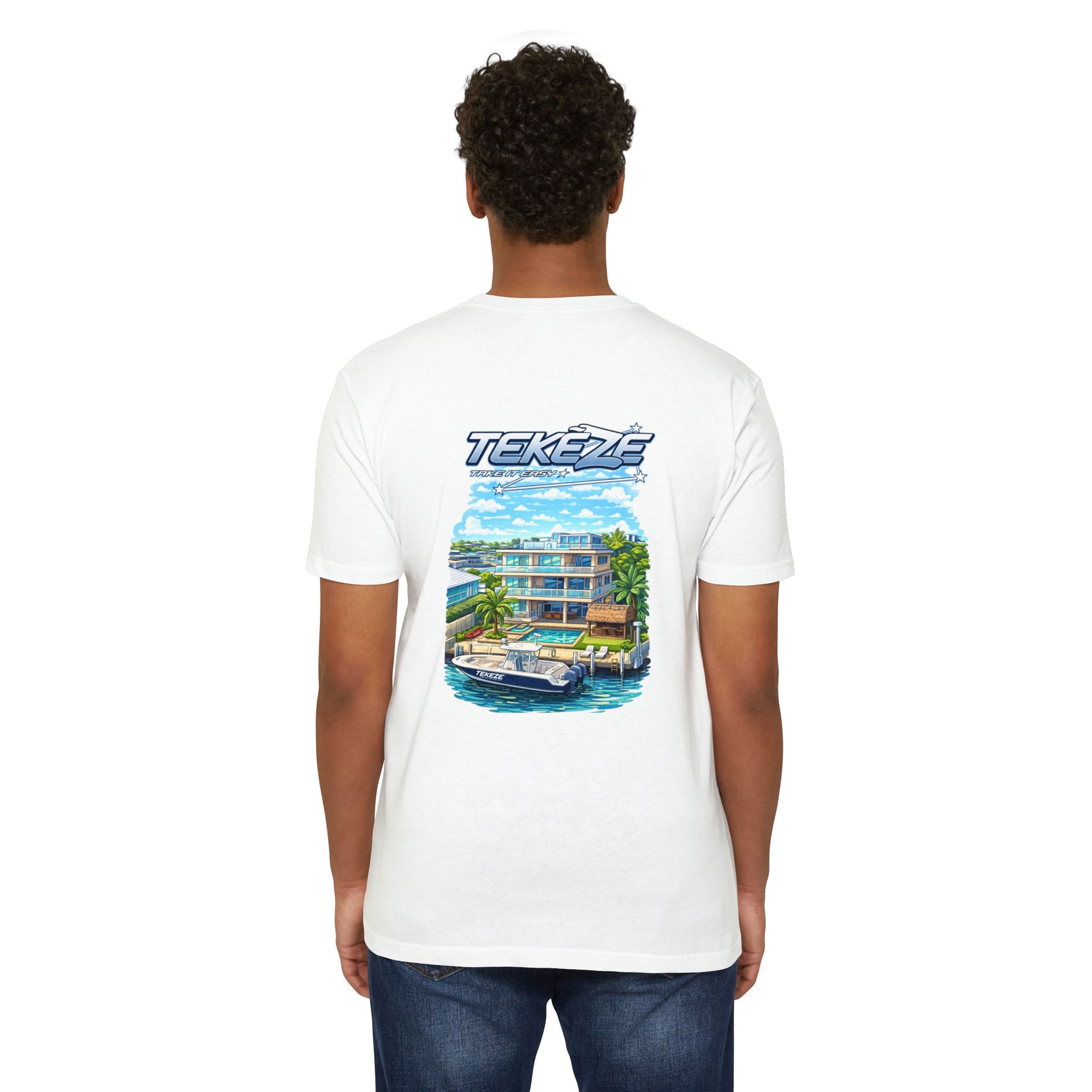 T-shirt — "TEKEZE" Coastal Resort Graphic Tee (Front Logo & Back Beach House Scene)