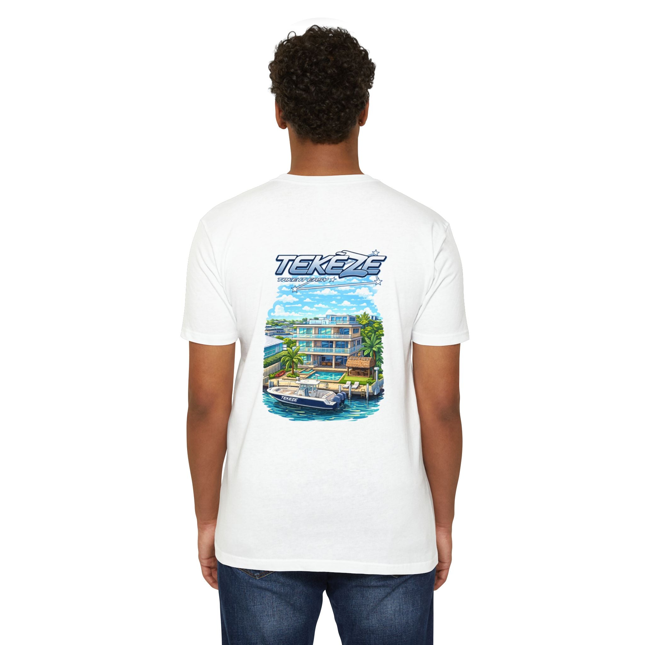 T-shirt — "TEKEZE" Coastal Resort Graphic Tee (Front Logo & Back Beach House Scene)