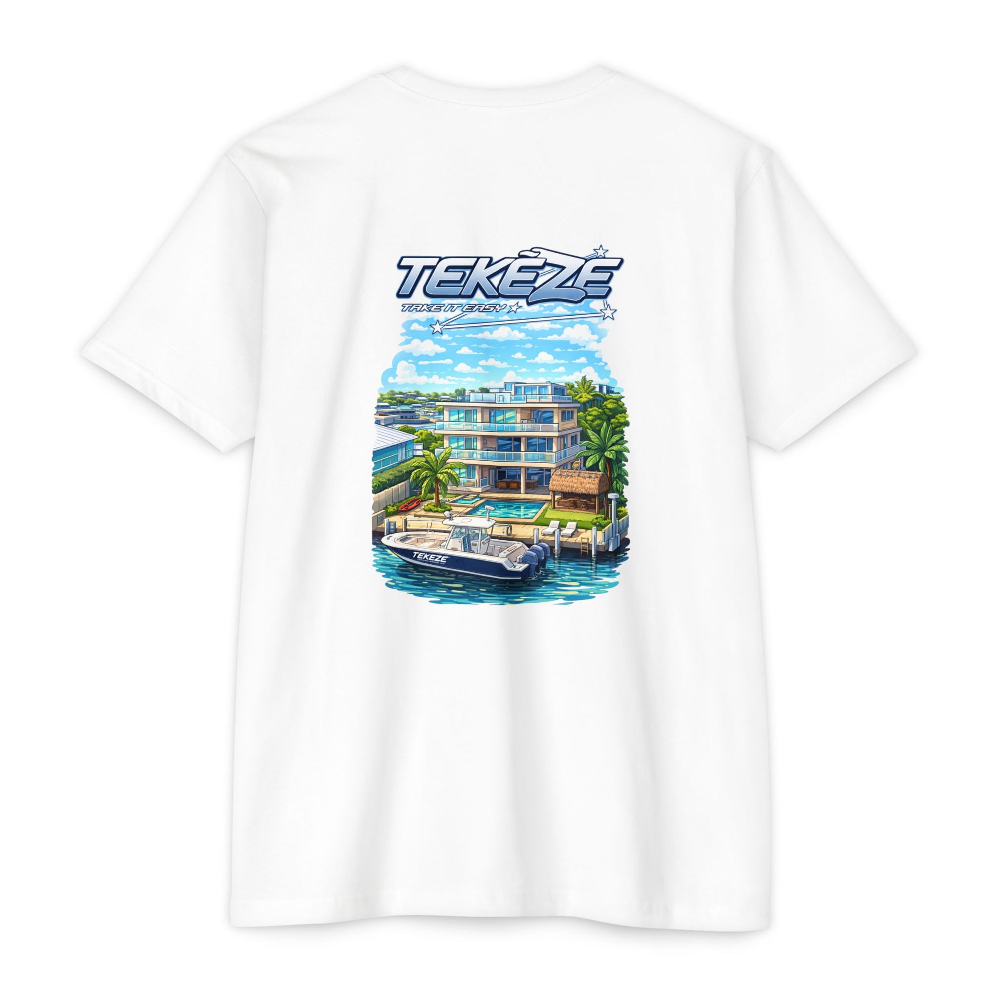 T-shirt — "TEKEZE" Coastal Resort Graphic Tee (Front Logo & Back Beach House Scene)