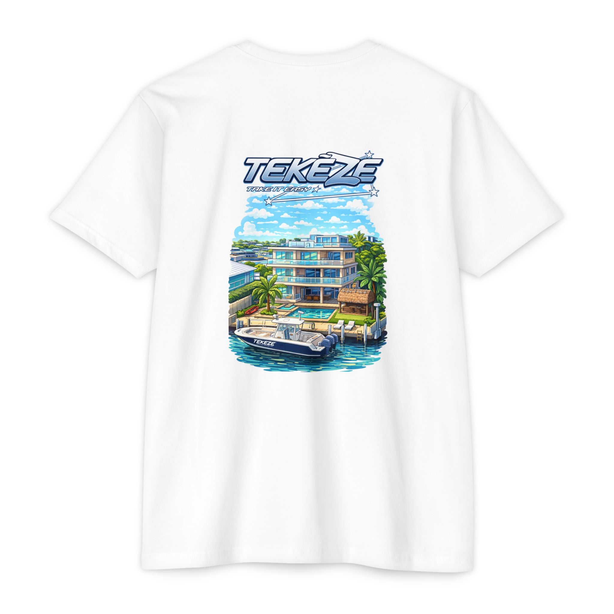 T-shirt — "TEKEZE" Coastal Resort Graphic Tee (Front Logo & Back Beach House Scene)
